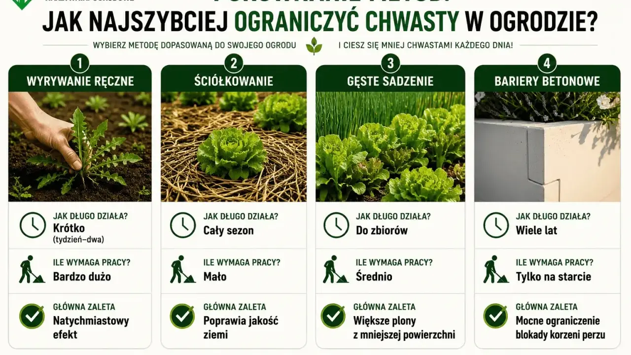 Ręczne usuwanie chwastów dwuliściennych, ściółkowanie, gęste sadzenie i bariery betonowe to metody walki z niechcianymi roślinami w ogrodzie.