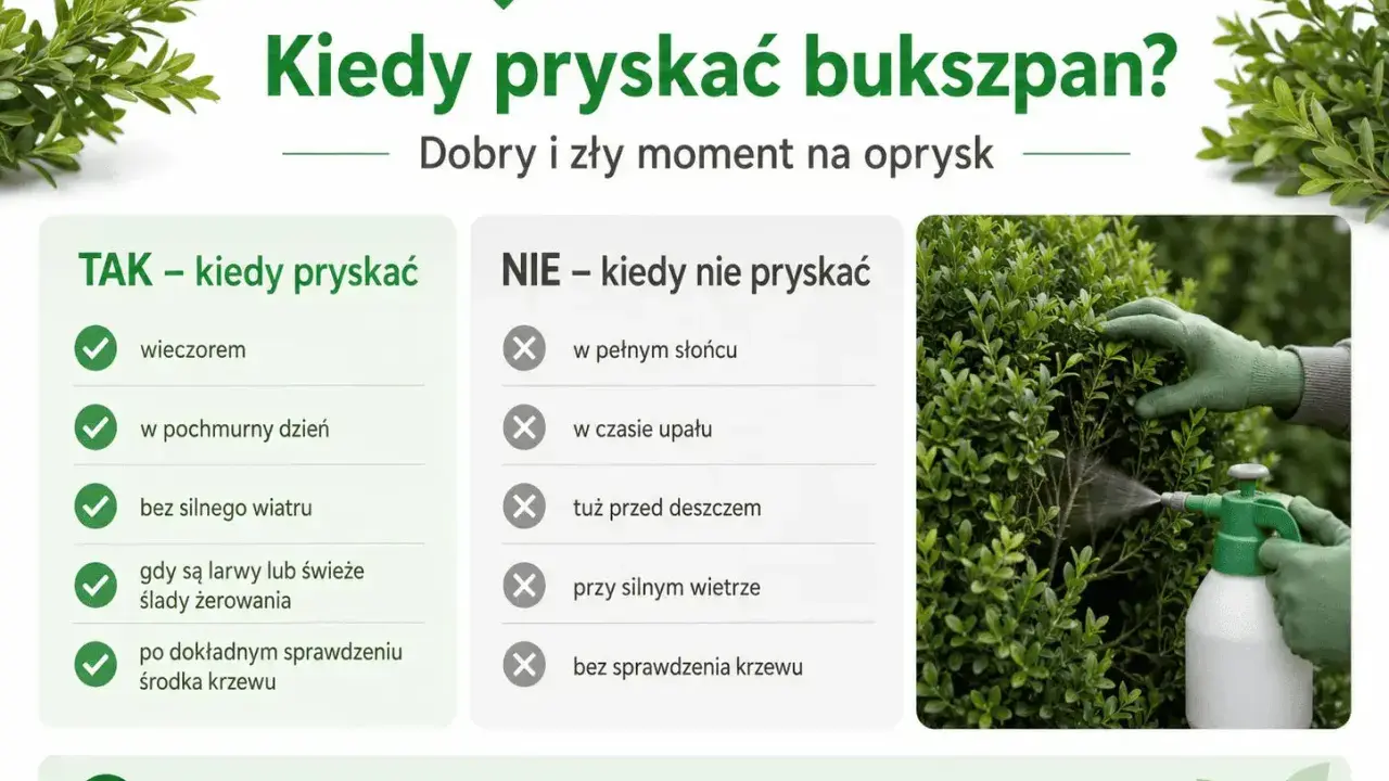 Oprysk na ćmę bukszpanową wykonuj wieczorem, w pochmurny dzień, bez silnego wiatru. Unikaj słońca, upału i deszczu. Celuj w środek krzewu.