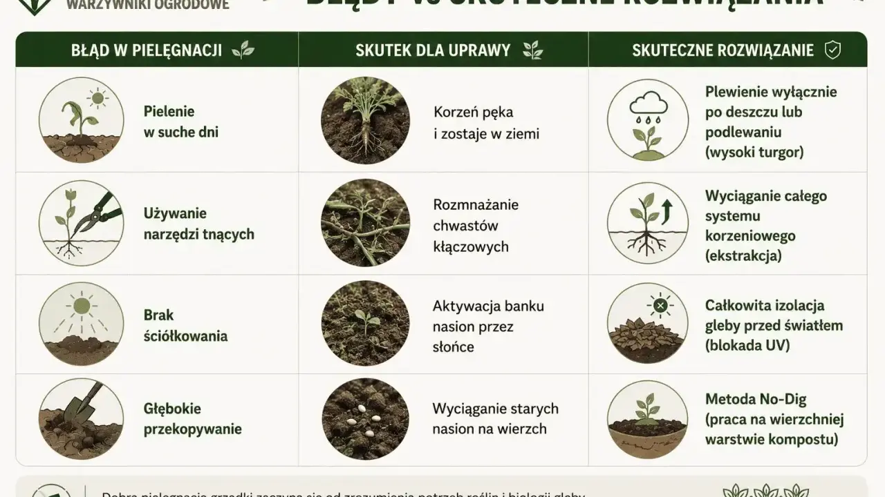 Porównanie błędów w pielęgnacji z domowym sposobem na chwasty. Skuteczne metody usuwania chwastów, np. plewienie po deszczu.