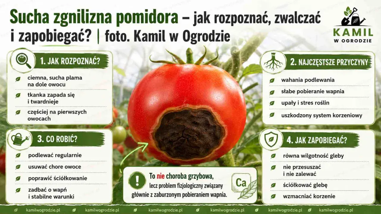 Pomidor z suchą zgnilizną u podstawy. Objawy, przyczyny i sposoby zapobiegania tej fizjologicznej chorobie.