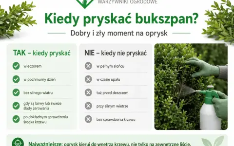 Oprysk na ćmę bukszpanową wykonuj wieczorem, w pochmurny dzień, bez silnego wiatru. Unikaj słońca, upału i deszczu. Celuj w środek krzewu.