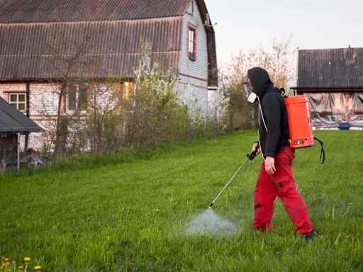 Mężczyzna w masce i czerwonych spodniach opryskuje trawnik, dbając o to, kiedy opryskiwać chwasty na trawniku.