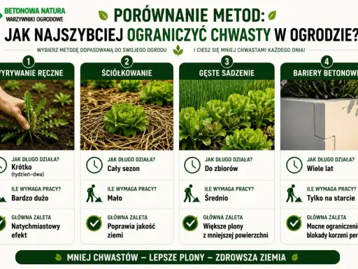 Ręczne usuwanie chwastów dwuliściennych, ściółkowanie, gęste sadzenie i bariery betonowe to metody walki z niechcianymi roślinami w ogrodzie.