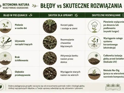 Porównanie błędów w pielęgnacji z domowym sposobem na chwasty. Skuteczne metody usuwania chwastów, np. plewienie po deszczu.