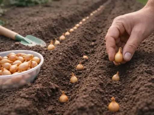 Ręka sadzi cebulki dymki w rzędach. Idealny czas, kiedy sadzić cebule dymkę, to wiosna.