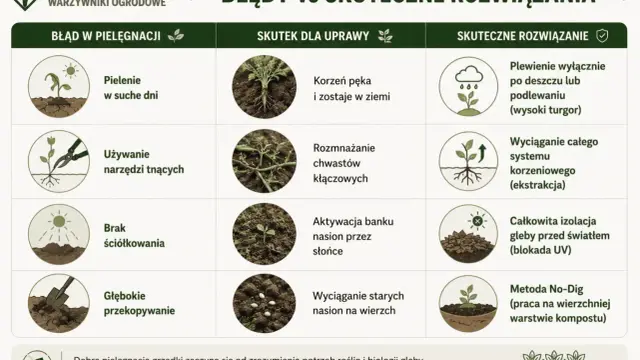 Porównanie błędów w pielęgnacji z domowym sposobem na chwasty. Skuteczne metody usuwania chwastów, np. plewienie po deszczu.