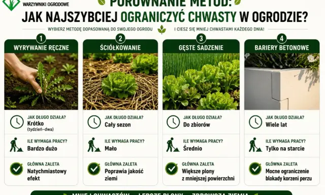 Ręczne usuwanie chwastów dwuliściennych, ściółkowanie, gęste sadzenie i bariery betonowe to metody walki z niechcianymi roślinami w ogrodzie.