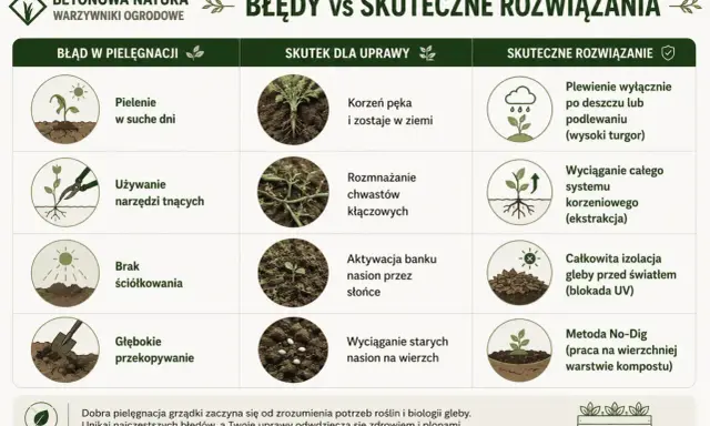Porównanie błędów w pielęgnacji z domowym sposobem na chwasty. Skuteczne metody usuwania chwastów, np. plewienie po deszczu.