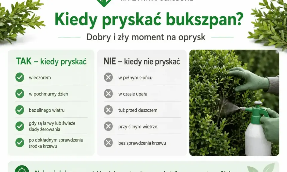 Oprysk na ćmę bukszpanową wykonuj wieczorem, w pochmurny dzień, bez silnego wiatru. Unikaj słońca, upału i deszczu. Celuj w środek krzewu.