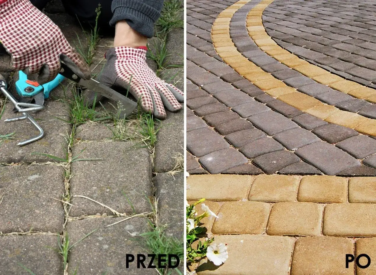 Ręczne zwalczanie chwastów między kostką brukową przed i po metamorfozie.