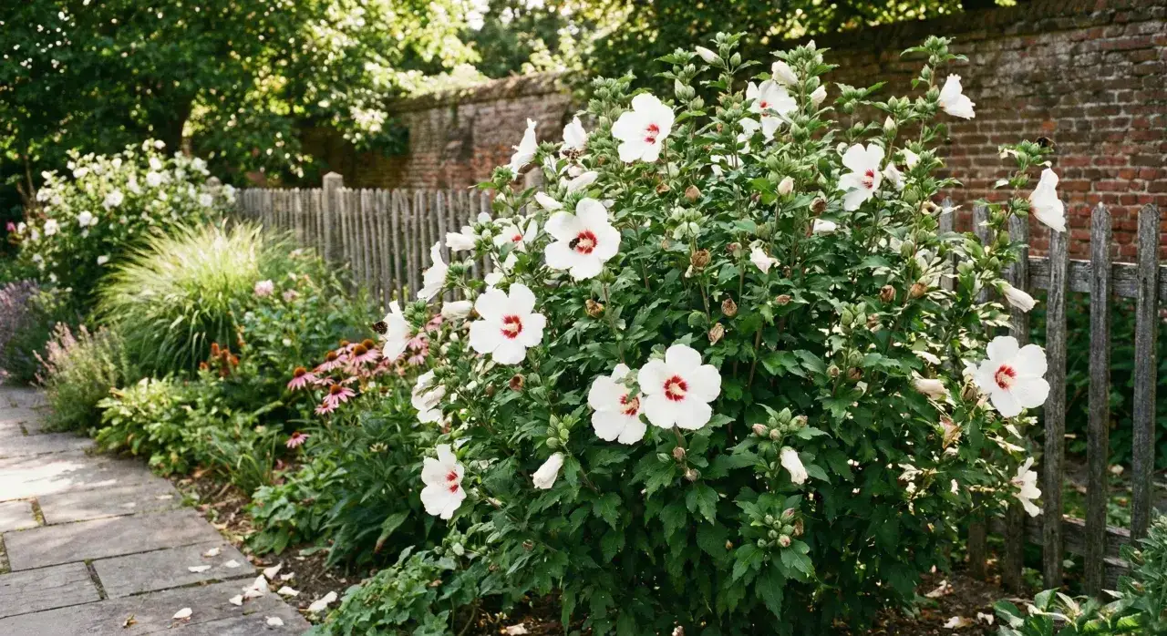 Piękny krzew hibiskusa z białymi kwiatami i czerwonymi środkami, kwitnący obok drewnianego płotu.