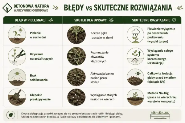 Porównanie błędów w pielęgnacji z domowym sposobem na chwasty. Skuteczne metody usuwania chwastów, np. plewienie po deszczu.